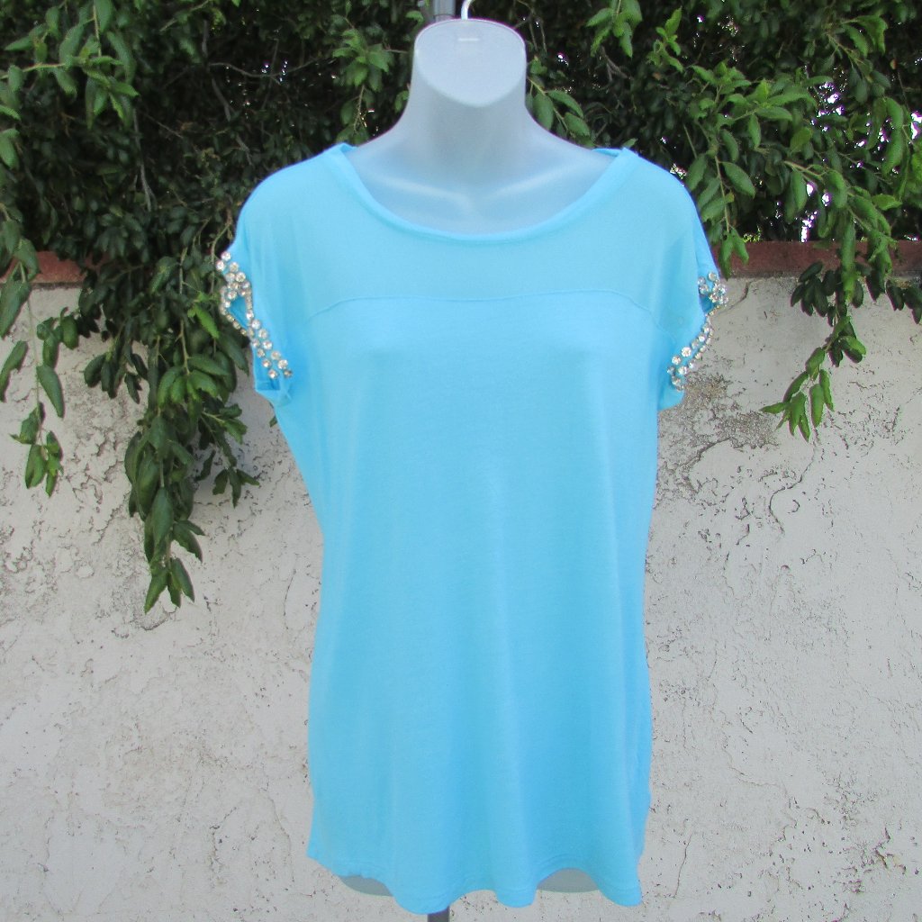 Inc Turquoise Sheer Neck Jewel Trim T Shirt M